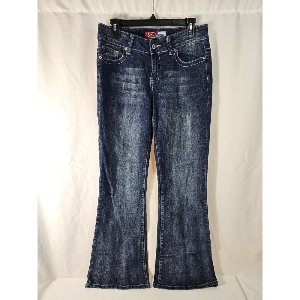 Y2K Lazer Jeans Dark Wash Flare Denim Pink Stitching Script Pockets Size 11